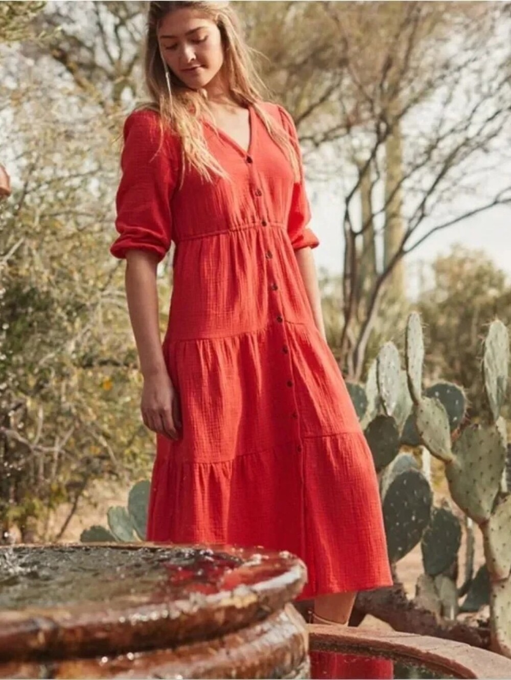 Marine Layer Willow Doublecloth Midi Dress in Red size Small Pockets 100% Cotton